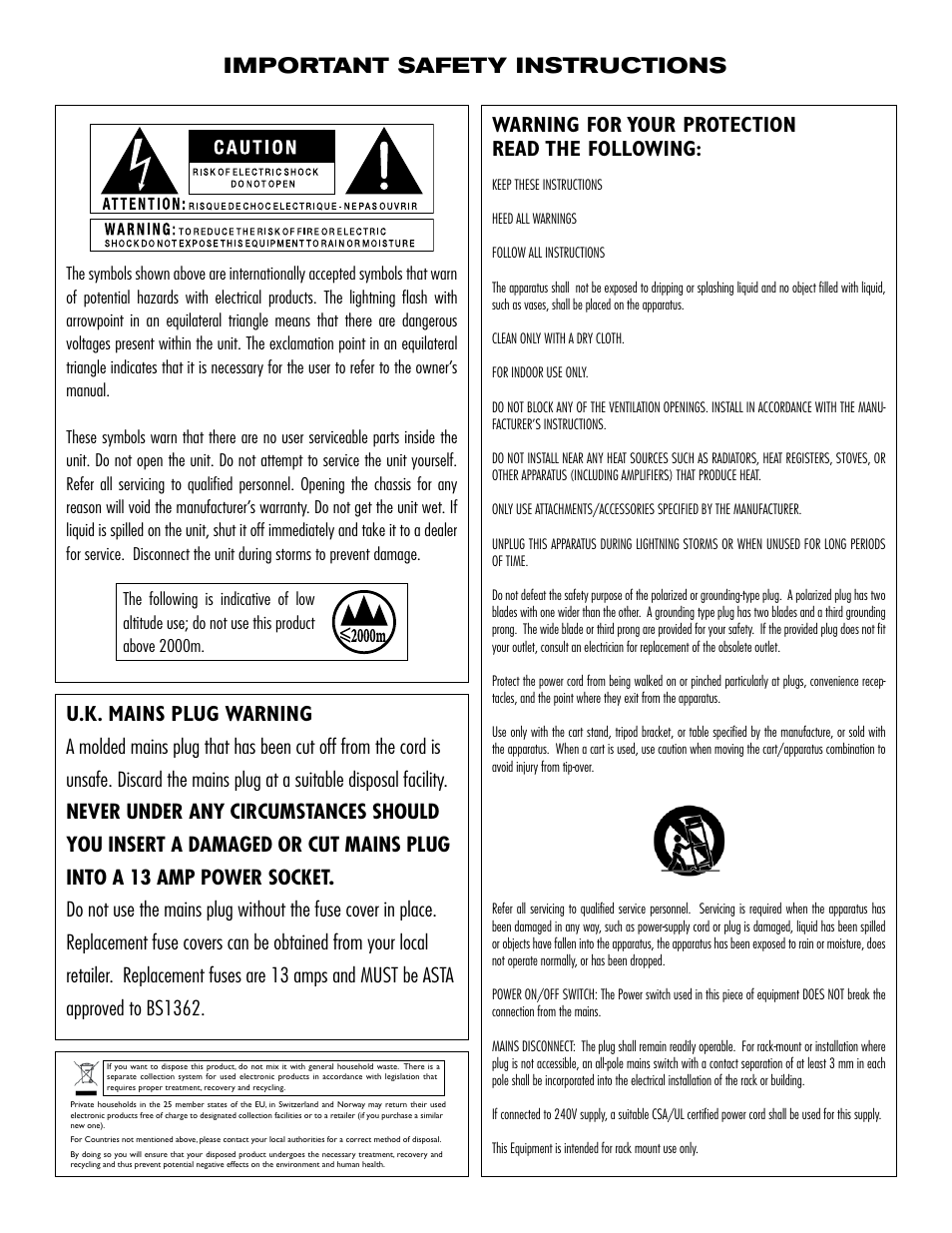 U.k. mains plug warning, Warning for your protection read the following, Important safety instructions | dbx DriveRack PA2 User Manual | Page 2 / 70