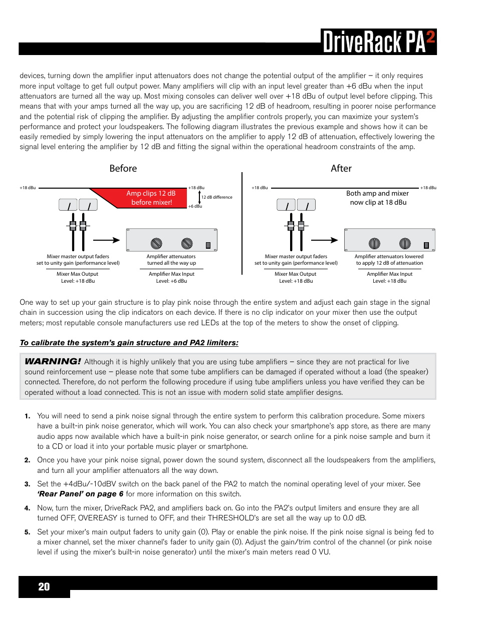 Before, After, Warning | dbx DriveRack PA2 User Manual | Page 24 / 70