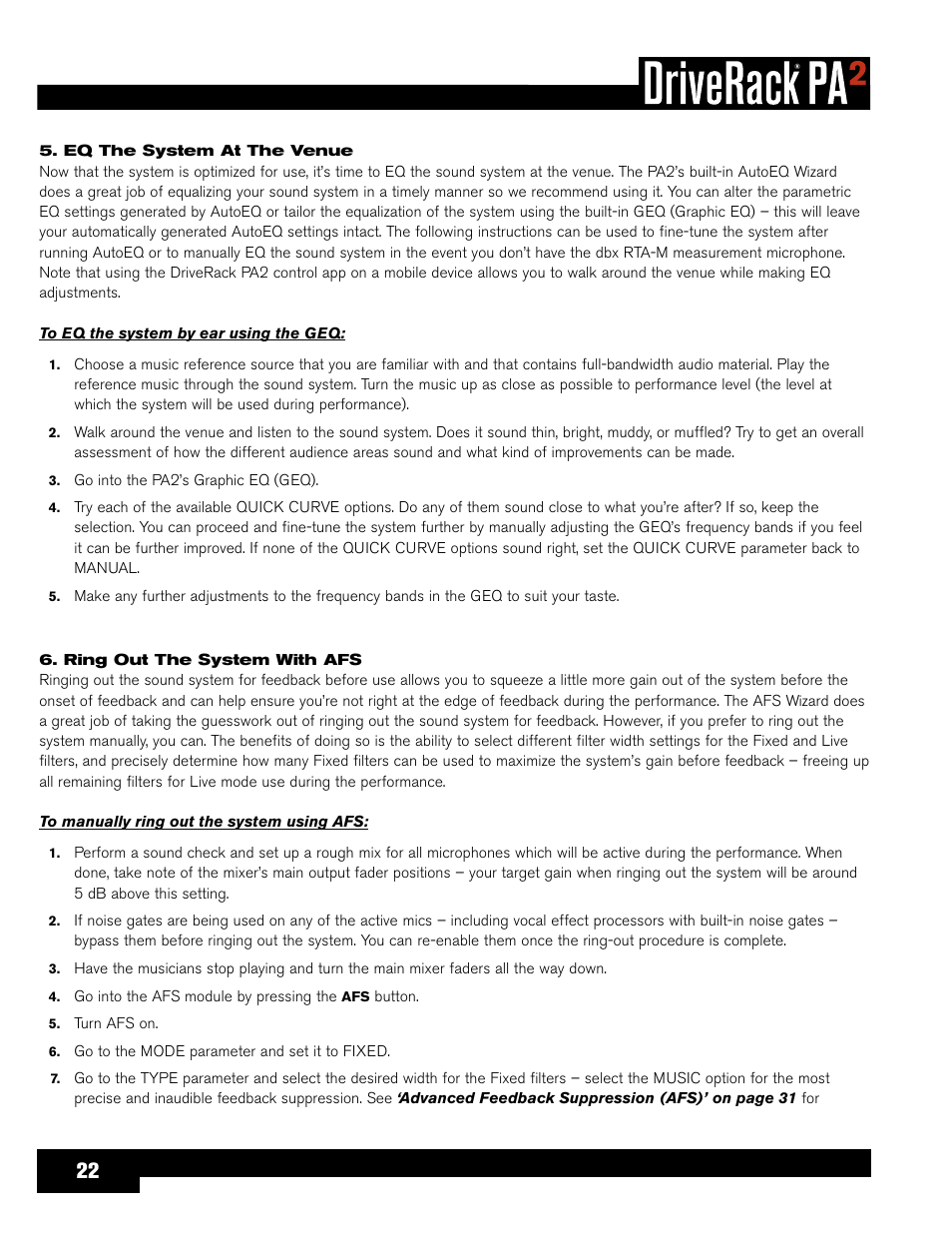 Eq the system at the venue, Ring out the system with afs | dbx DriveRack PA2 User Manual | Page 26 / 70