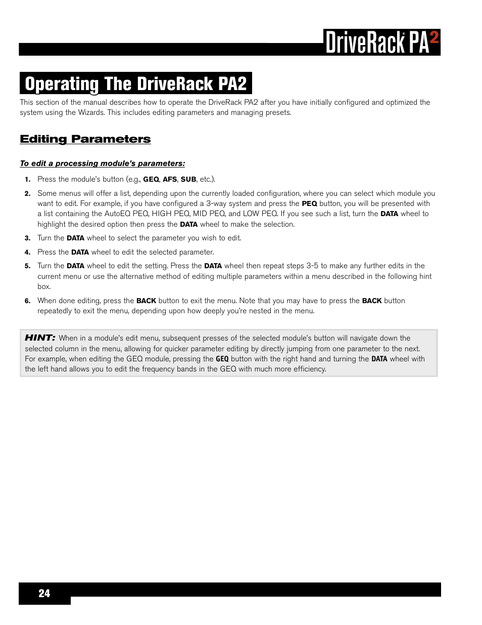 Operating the driverack pa2, Editing parameters | dbx DriveRack PA2 User Manual | Page 28 / 70