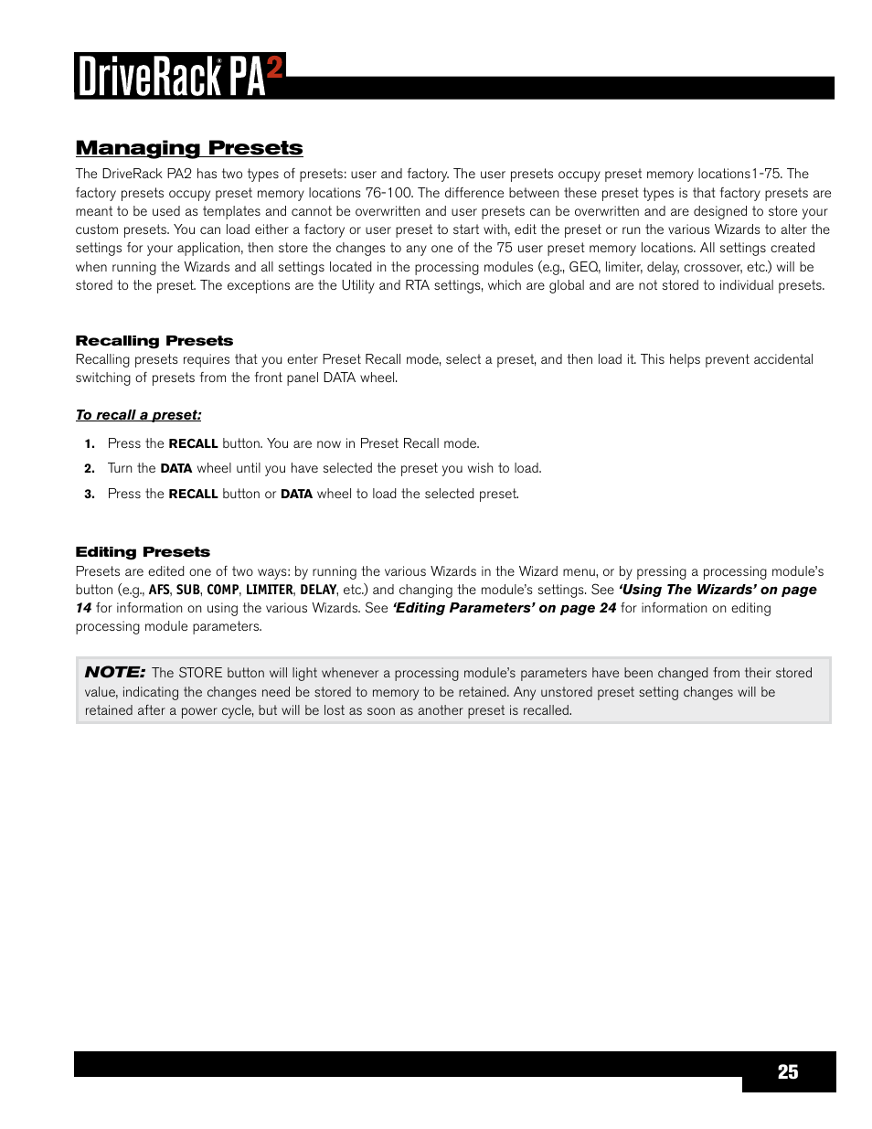 Managing presets, Recalling presets, Editing presets | dbx DriveRack PA2 User Manual | Page 29 / 70