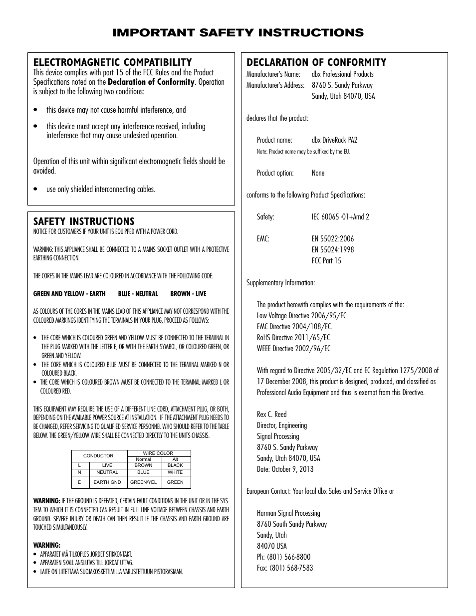 Electromagnetic compatibility, Declaration of conformity, Safety instructions | Important safety instructions | dbx DriveRack PA2 User Manual | Page 3 / 70
