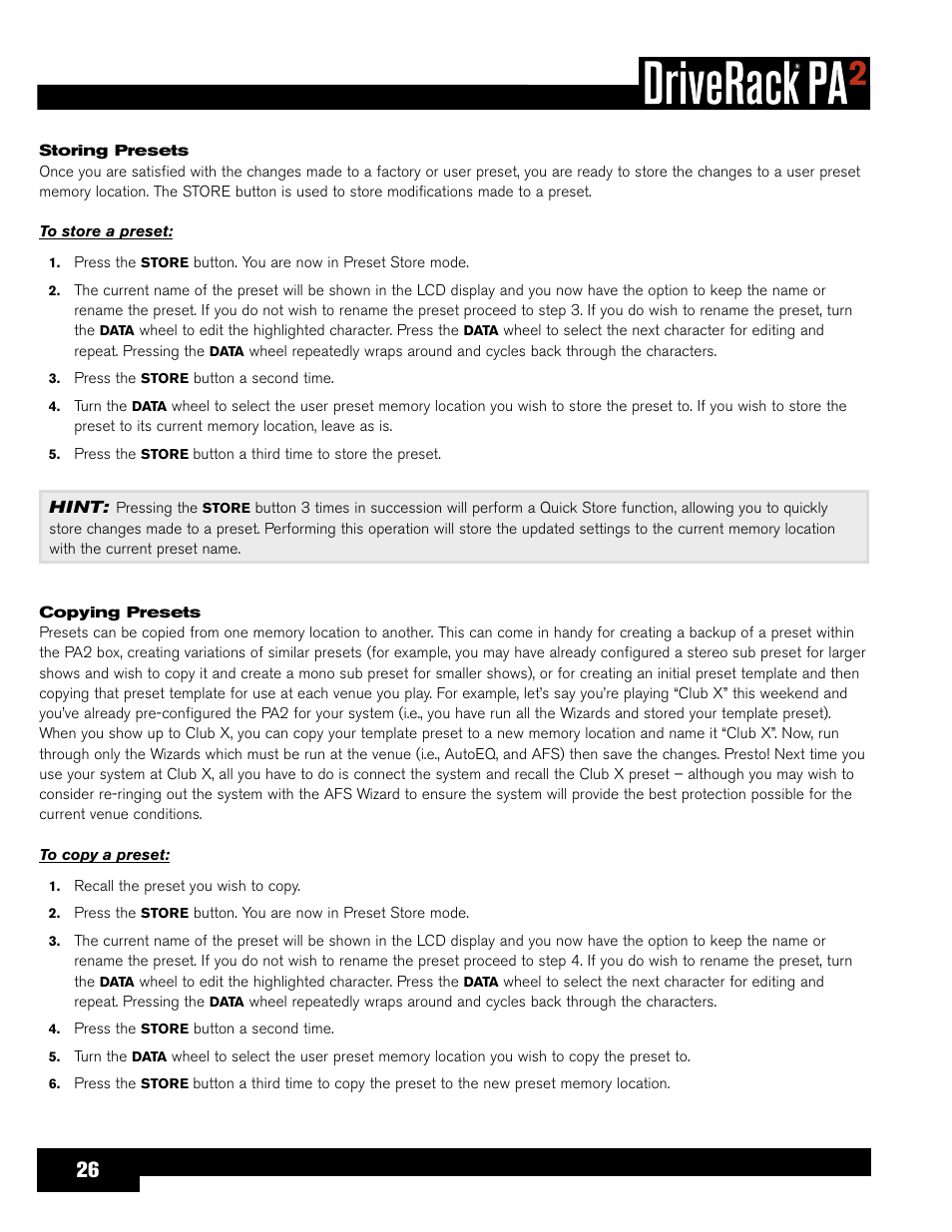 Storing presets, Copying presets | dbx DriveRack PA2 User Manual | Page 30 / 70