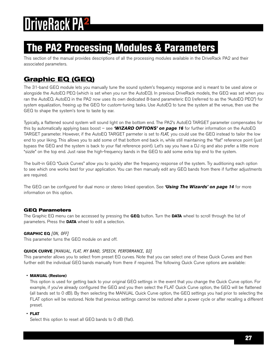 The pa2 processing modules & parameters, Graphic eq (geq), The pa2 processing modules & parameters ����27 | dbx DriveRack PA2 User Manual | Page 31 / 70
