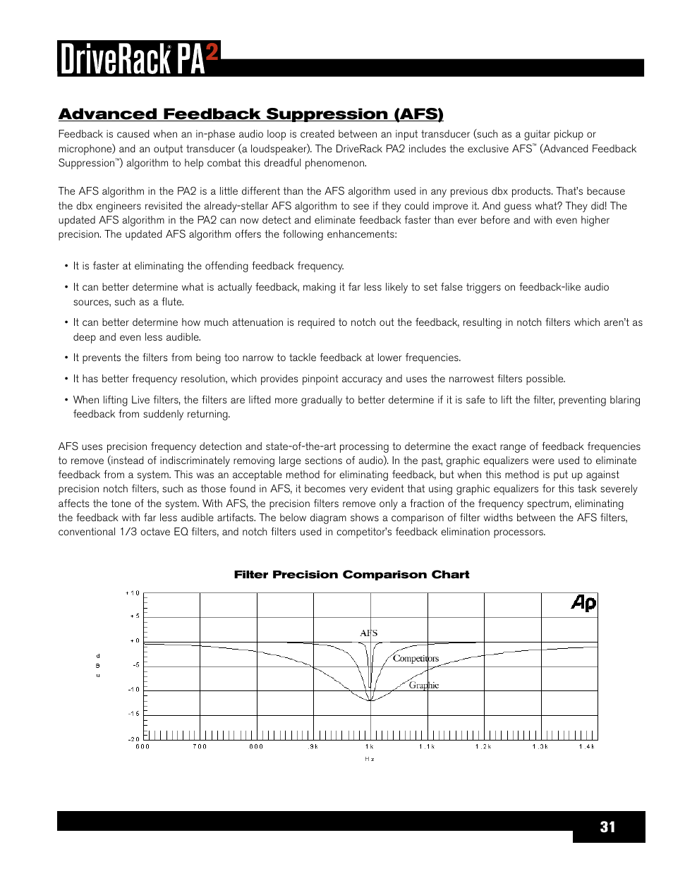 Advanced feedback suppression (afs) | dbx DriveRack PA2 User Manual | Page 35 / 70