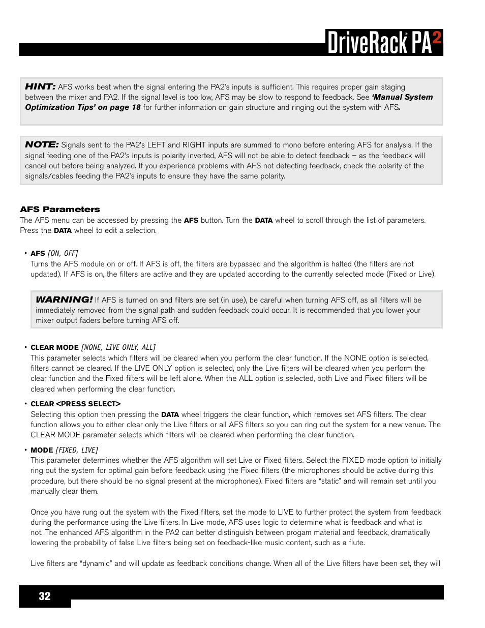 dbx DriveRack PA2 User Manual | Page 36 / 70