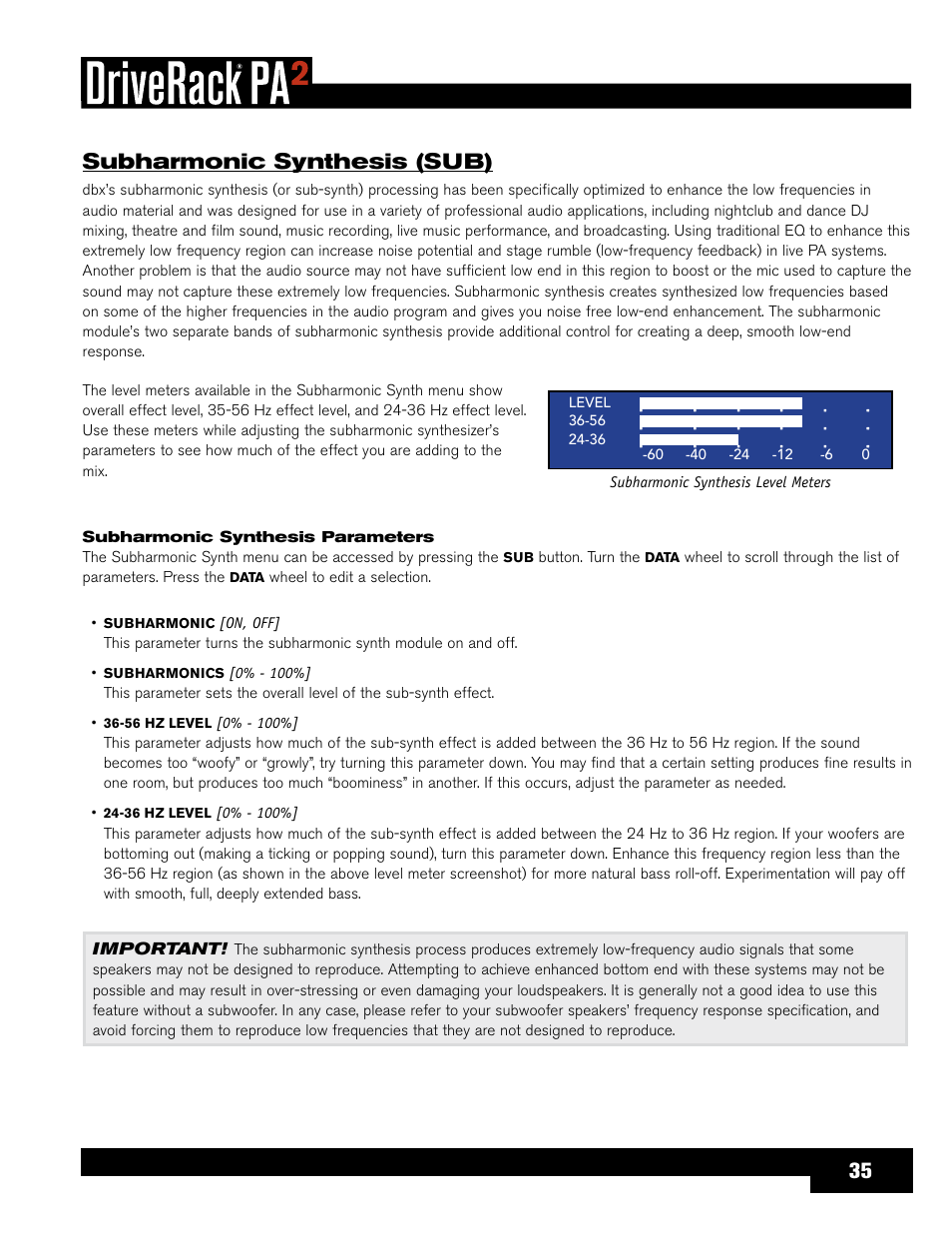 Subharmonic synthesis (sub) | dbx DriveRack PA2 User Manual | Page 39 / 70