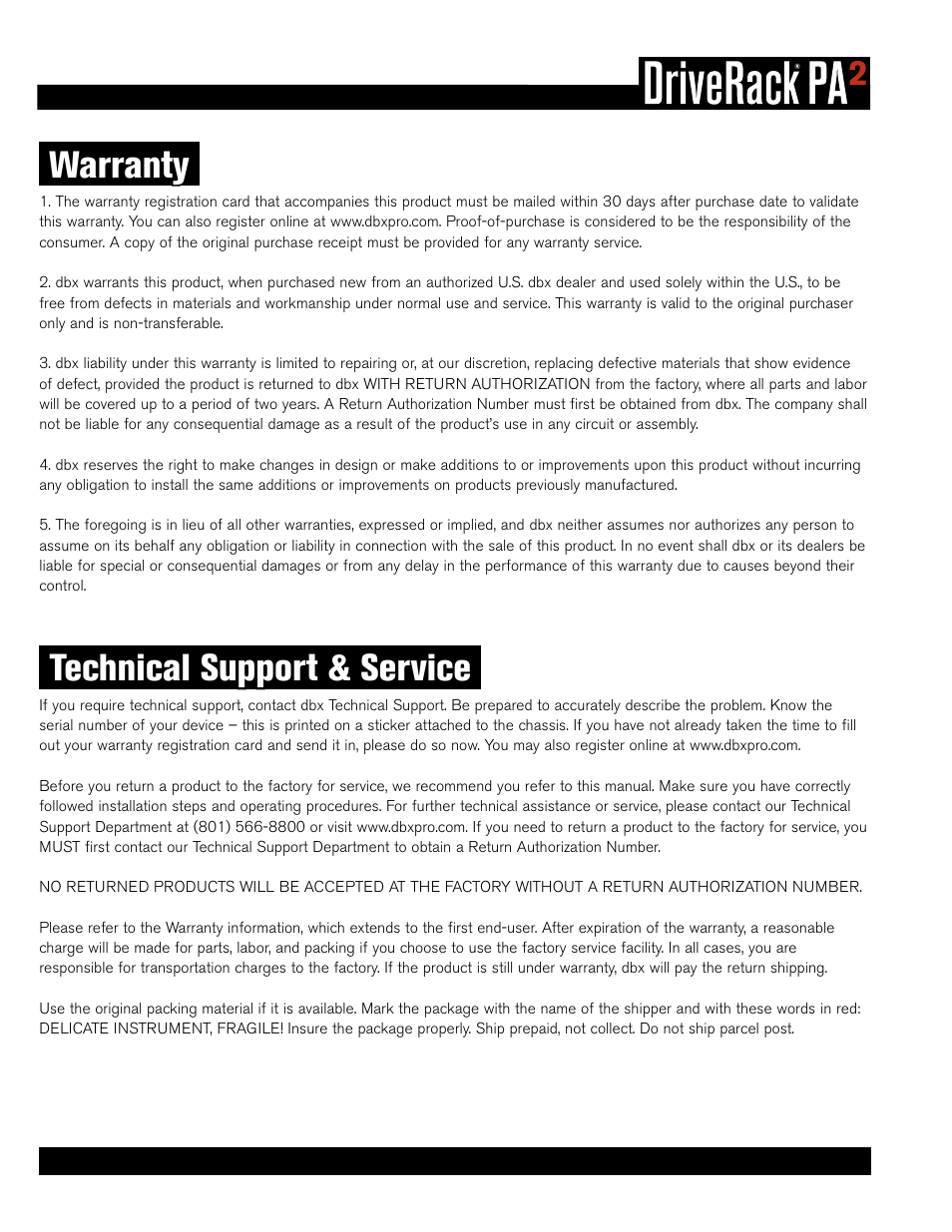 Warranty, Technical support & service | dbx DriveRack PA2 User Manual | Page 4 / 70