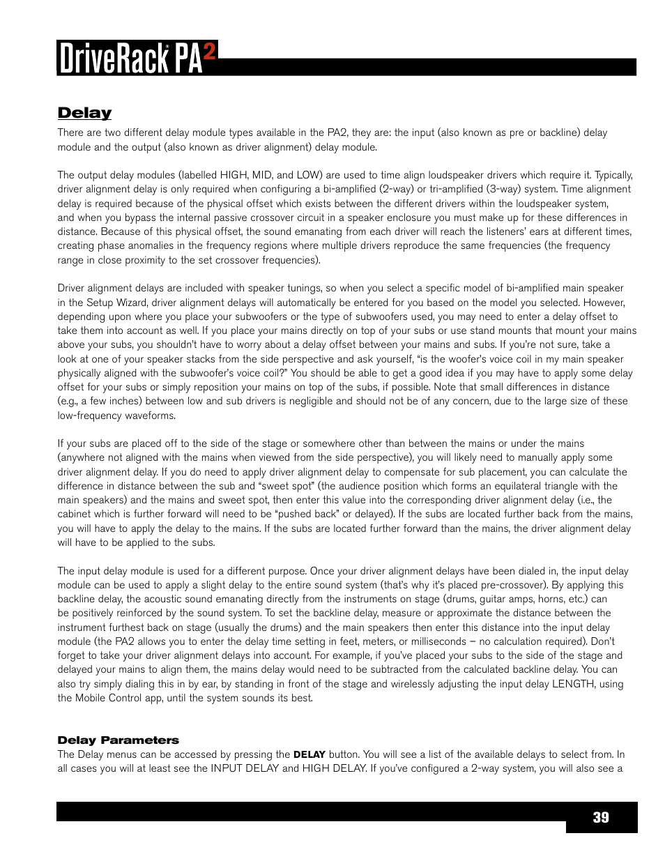 Delay | dbx DriveRack PA2 User Manual | Page 43 / 70