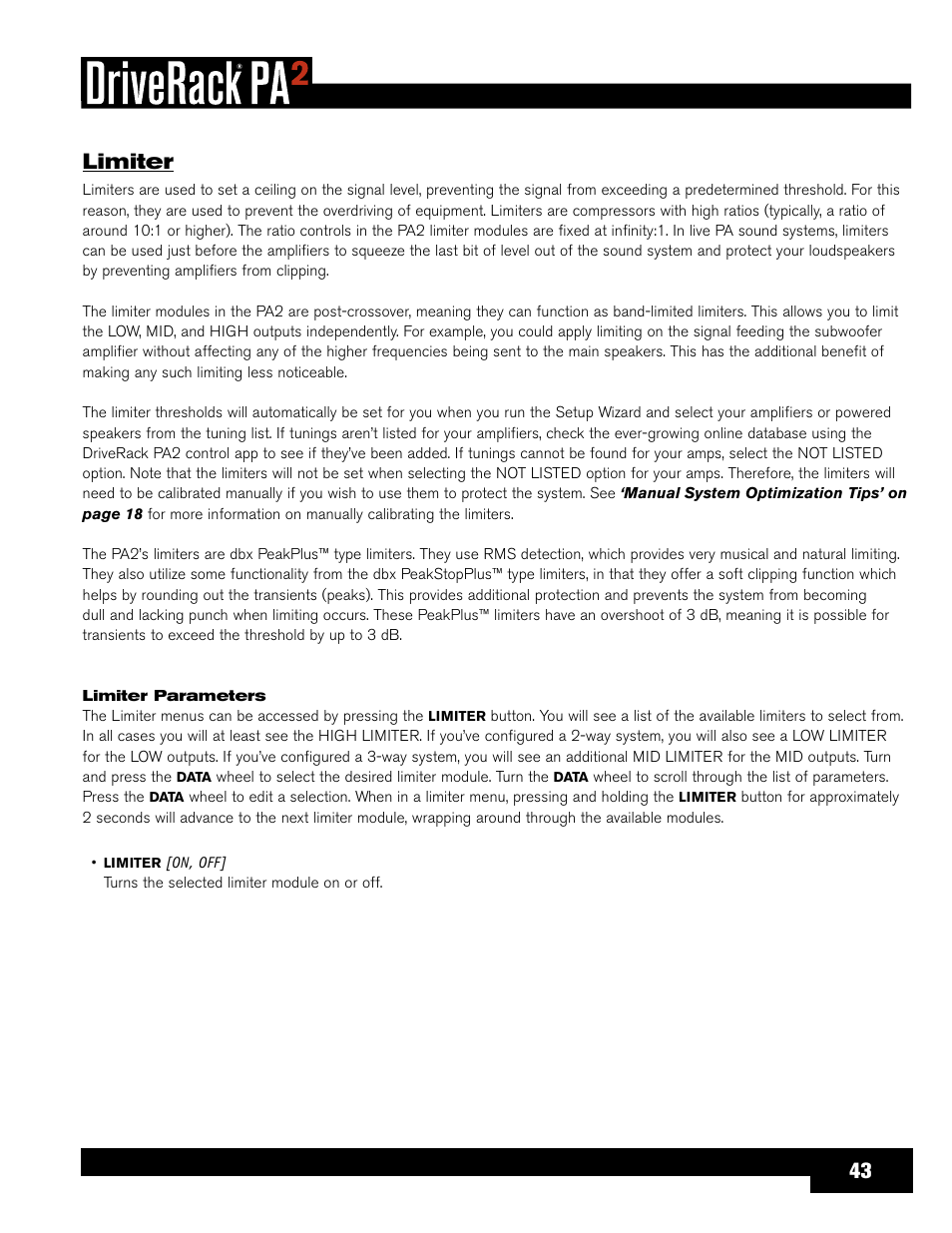 Limiter | dbx DriveRack PA2 User Manual | Page 47 / 70