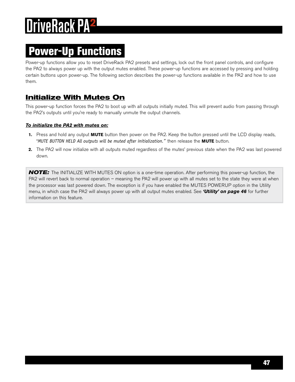 Power-up functions, Initialize with mutes on | dbx DriveRack PA2 User Manual | Page 51 / 70