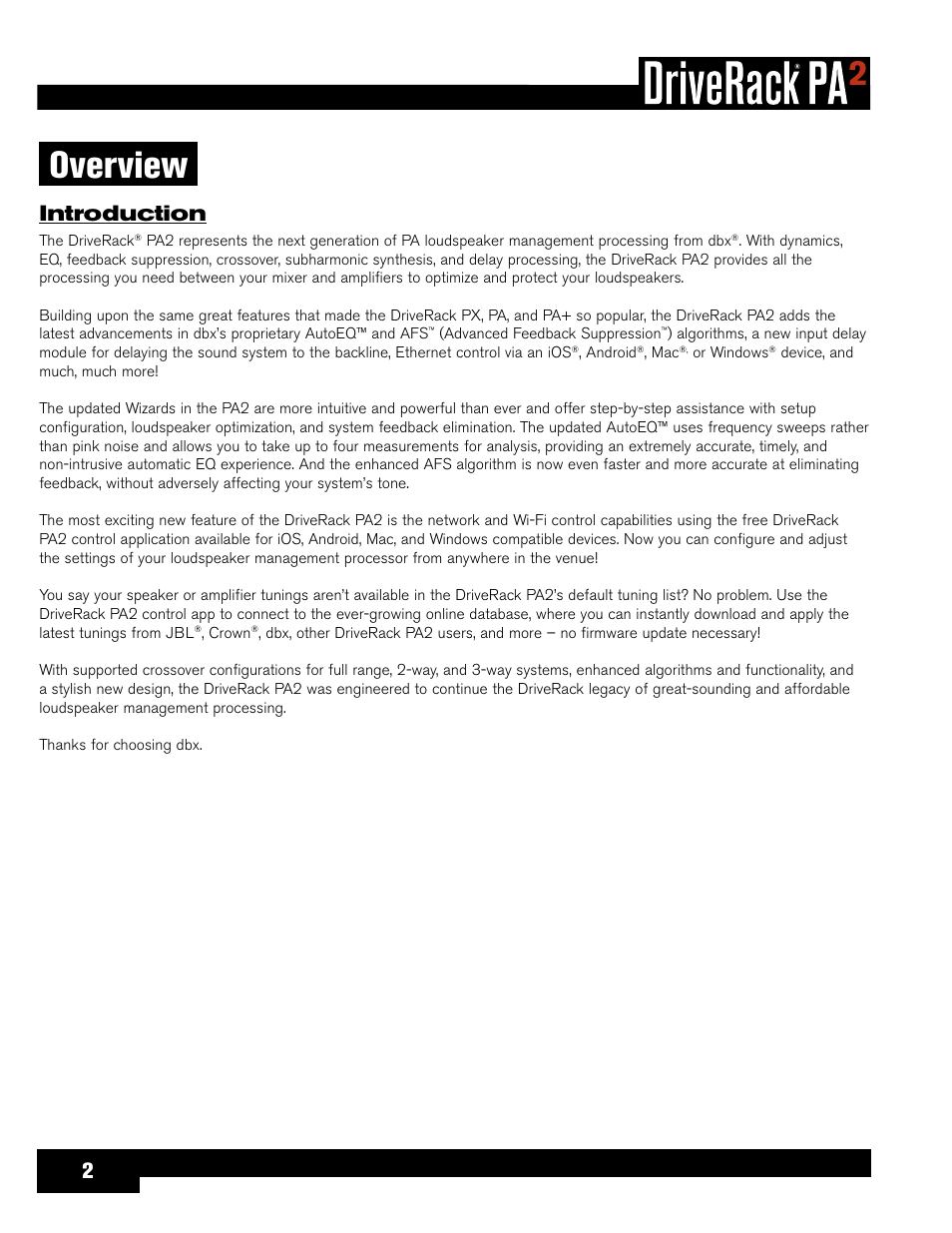 Overview, Introduction | dbx DriveRack PA2 User Manual | Page 6 / 70