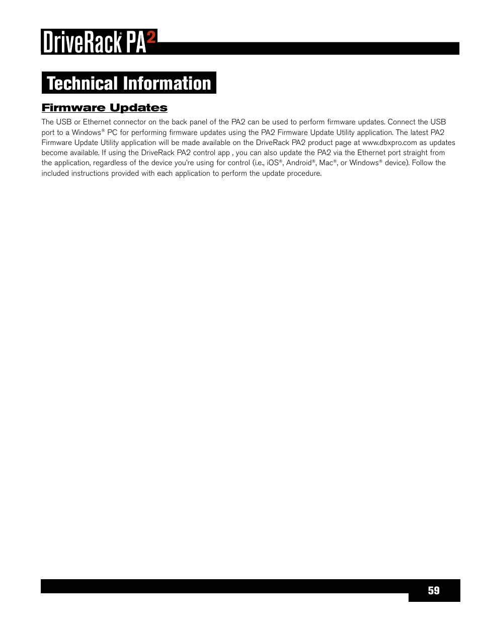 Technical information, Firmware updates | dbx DriveRack PA2 User Manual | Page 63 / 70