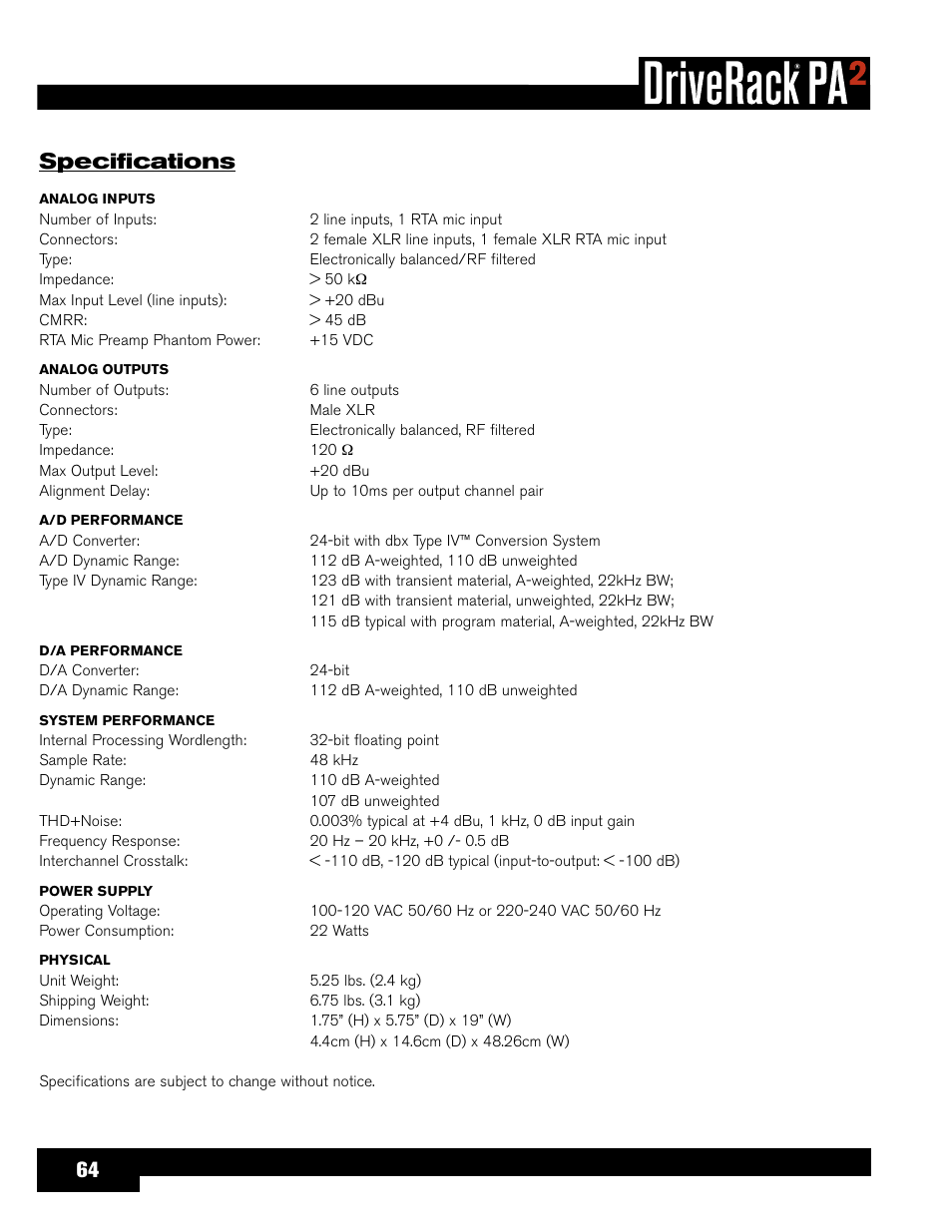 Specifications | dbx DriveRack PA2 User Manual | Page 68 / 70