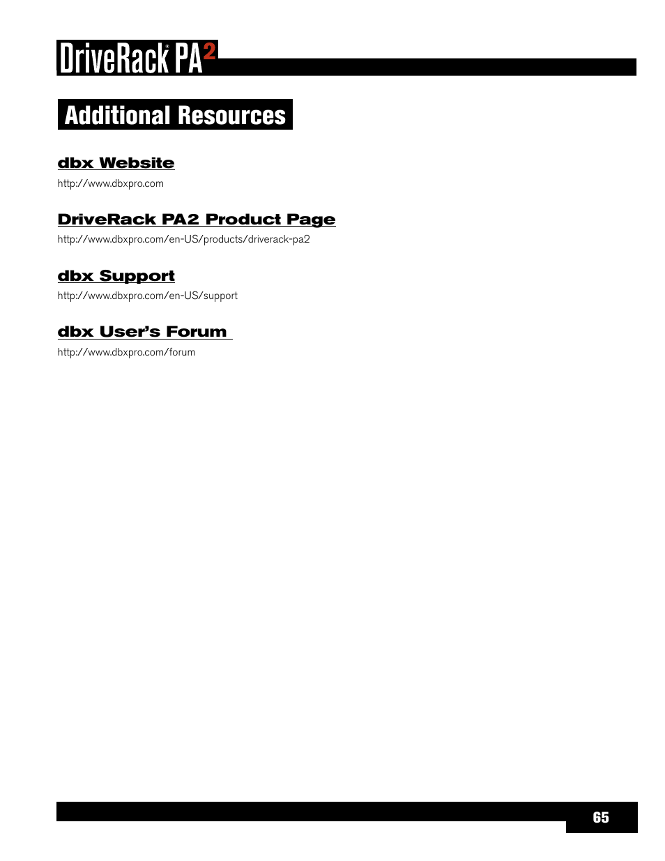 Additional resources, Dbx website, Dbx support | Dbx user’s forum | dbx DriveRack PA2 User Manual | Page 69 / 70