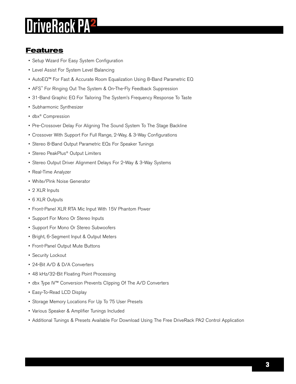 Features | dbx DriveRack PA2 User Manual | Page 7 / 70
