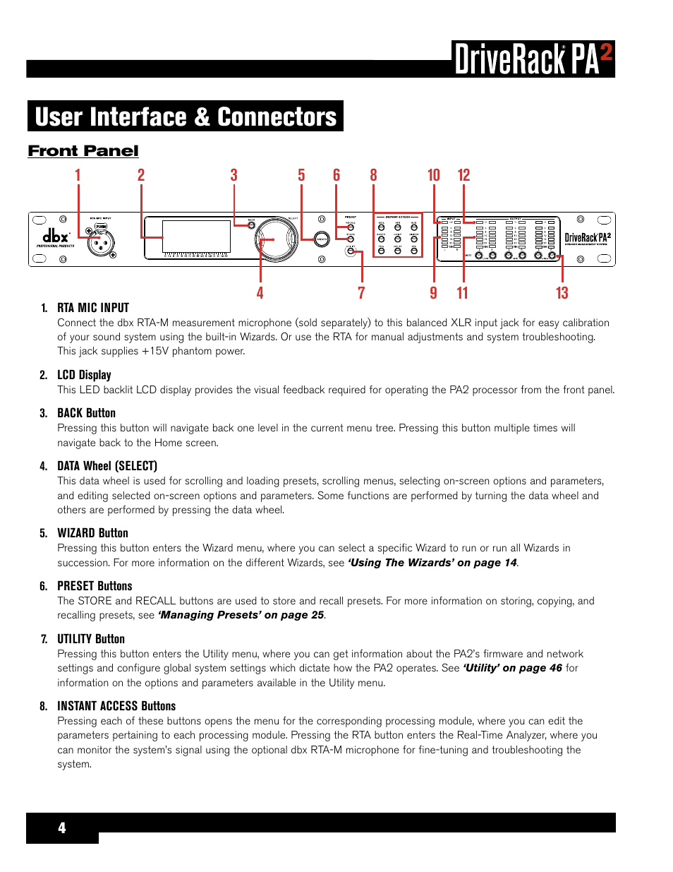 User interface & connectors, Front panel | dbx DriveRack PA2 User Manual | Page 8 / 70