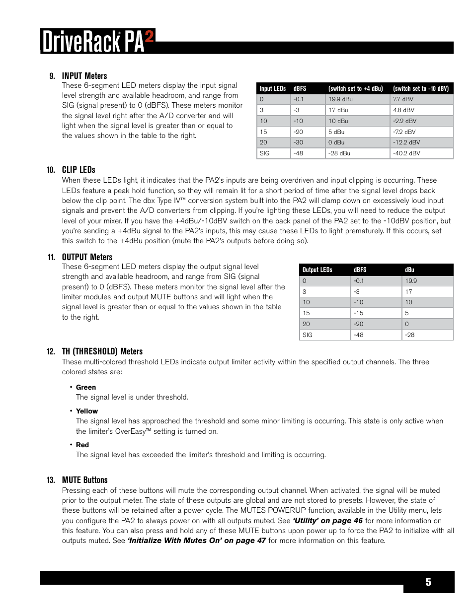 Input meters, Clip leds, Output meters | Th (threshold) meters, Mute buttons | dbx DriveRack PA2 User Manual | Page 9 / 70