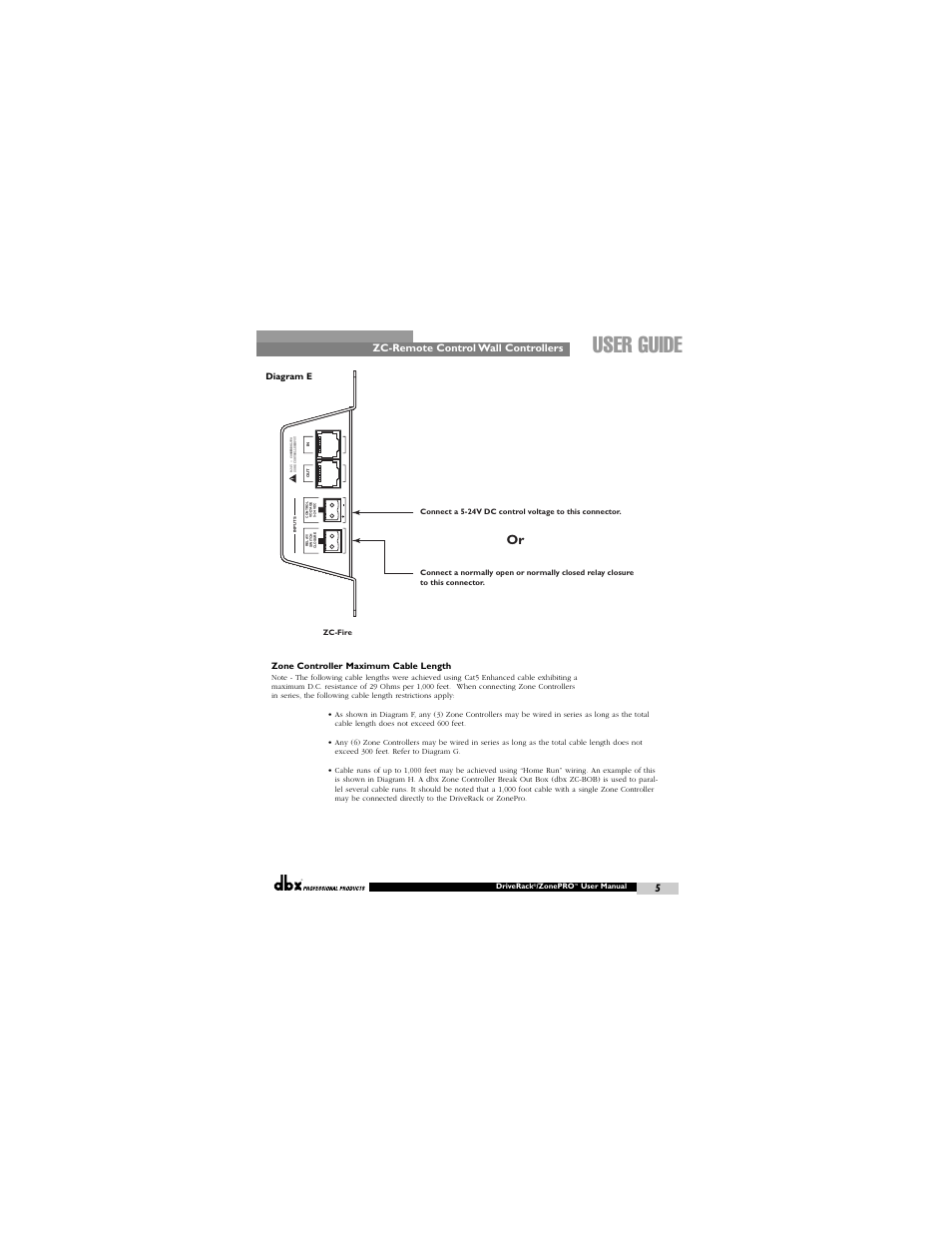 User guide, Zc-remote control wall controllers, Diagram e zone controller maximum cable length | dbx ZC-BOB User Manual | Page 5 / 8