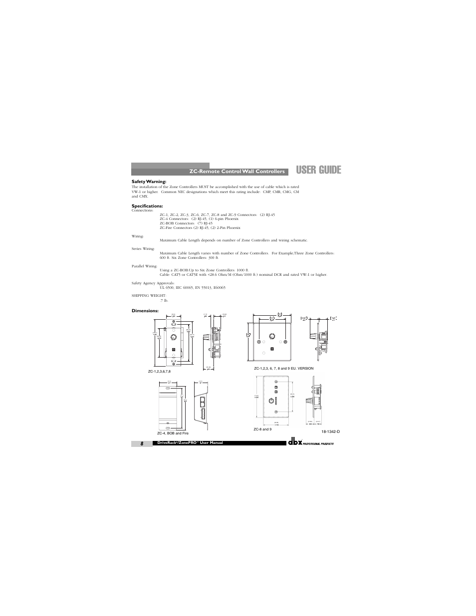 User guide, Zc-remote control wall controllers, Safety warning | Specifications, Dimensions | dbx ZC-BOB User Manual | Page 8 / 8