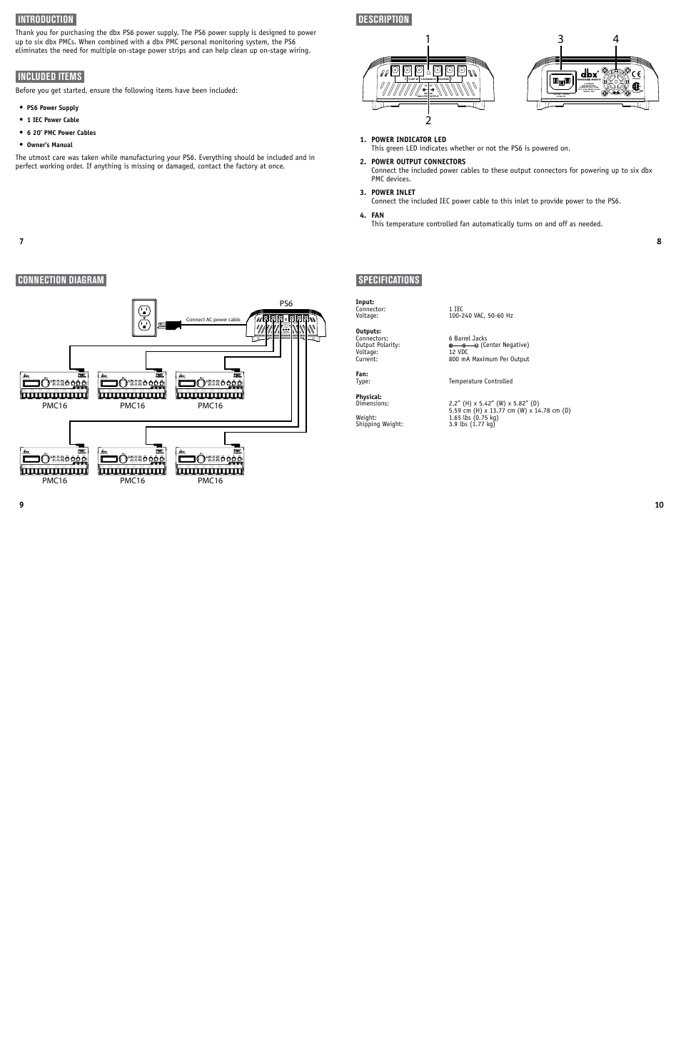 Introduction, Included items, Description | Connection diagram, Specifications | dbx PS6 User Manual | Page 2 / 2