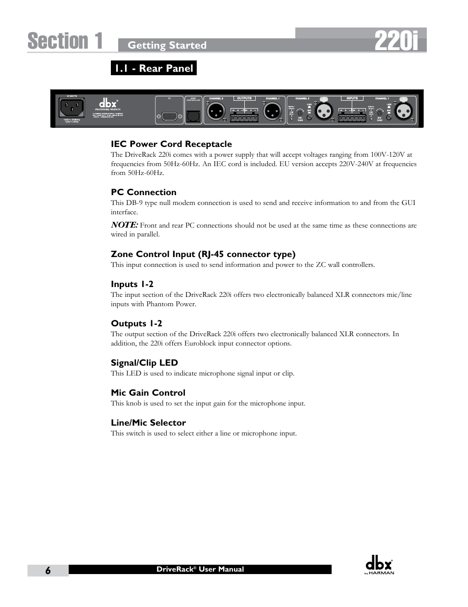 1 - rear panel, 220i | dbx DriveRack 220i User Manual | Page 10 / 57