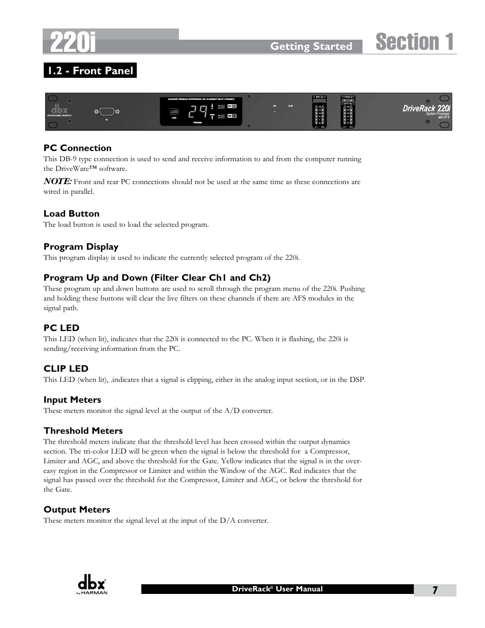 2 - front panel, 220i | dbx DriveRack 220i User Manual | Page 11 / 57