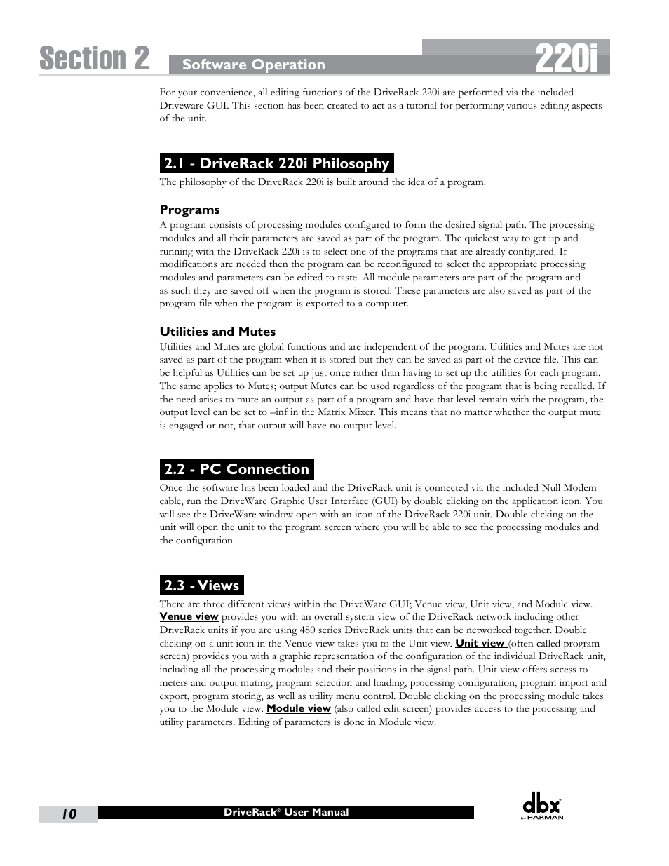 1 - driverack 220i philosophy, 2 - pc connection, 3 - views | 220i | dbx DriveRack 220i User Manual | Page 14 / 57