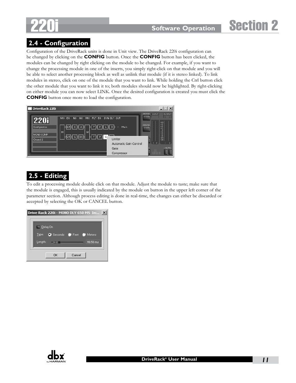 4 - configuration, 5 - editing, 4 - configuration 2.5 - editing | 220i | dbx DriveRack 220i User Manual | Page 15 / 57