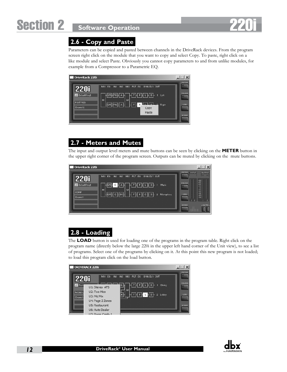 6 - copy and paste, 7 - meters and mutes, 8 - loading | 220i | dbx DriveRack 220i User Manual | Page 16 / 57