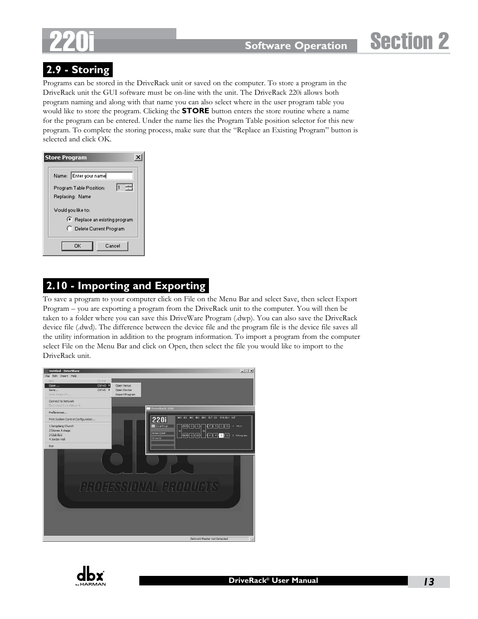 9 - storing, 10 - importing and exporting, 9 - storing 2.10 - importing and exporting | 220i | dbx DriveRack 220i User Manual | Page 17 / 57
