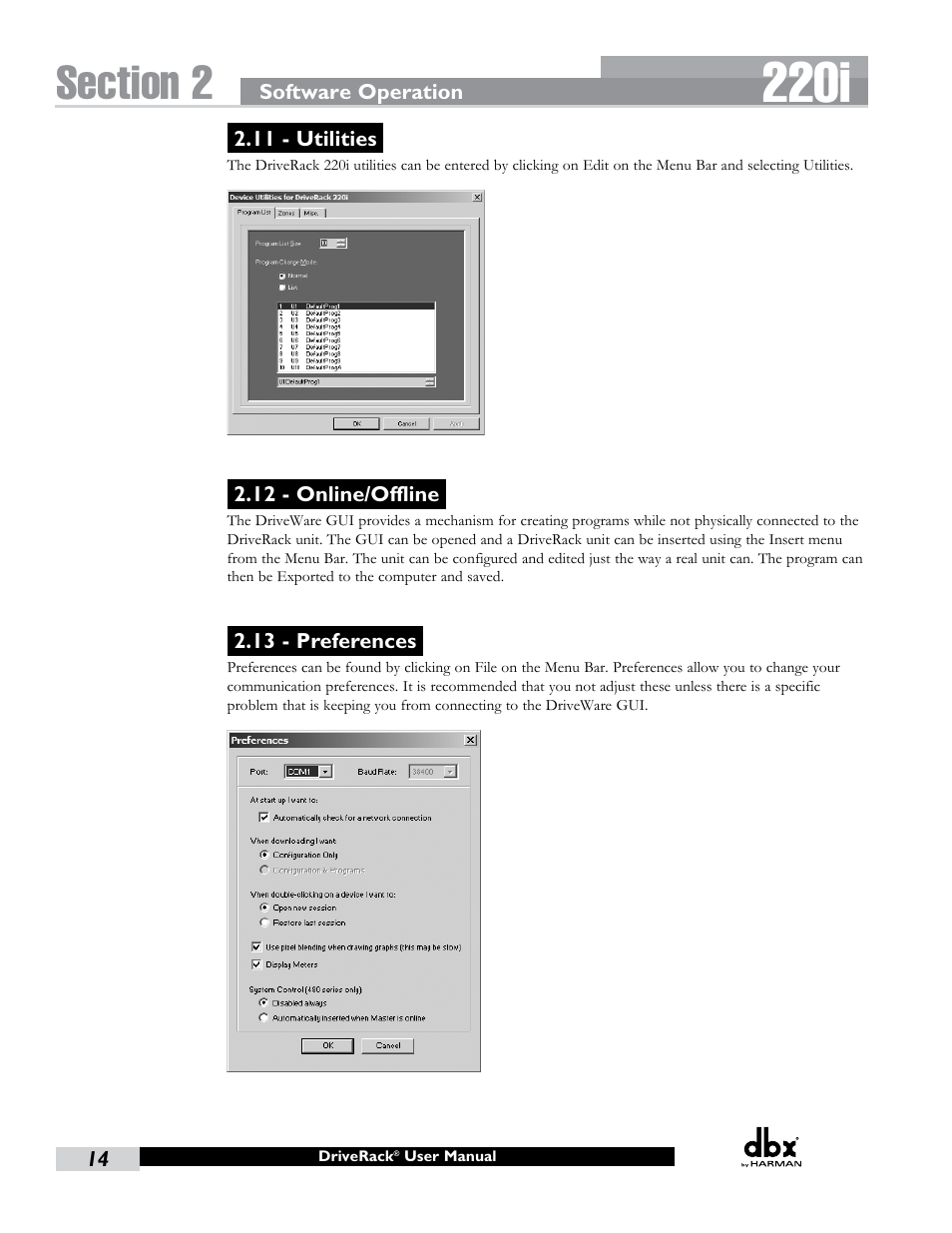 11 - utilities, 12 - online/offline, 13 - preferences | 220i | dbx DriveRack 220i User Manual | Page 18 / 57