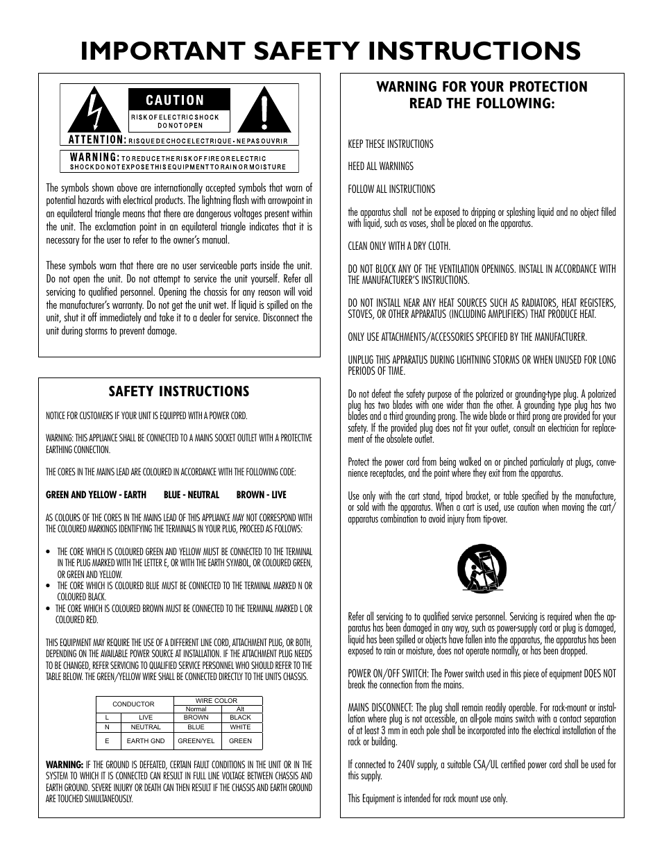 Important safety instructions, Warning for your protection read the following, Safety instructions | dbx DriveRack 220i User Manual | Page 2 / 57