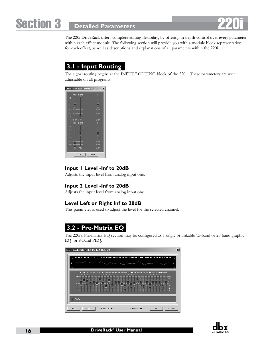 1 - input routing, 2 - pre-matrix eq, 1 - input routing 3.2 - pre-matrix eq | 220i | dbx DriveRack 220i User Manual | Page 20 / 57
