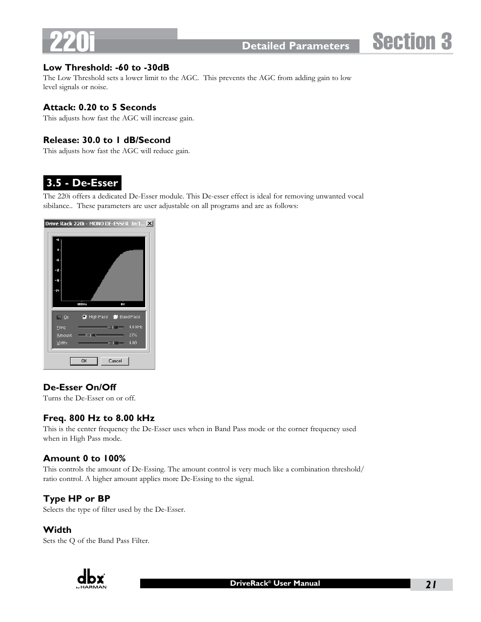 5 - de-esser, 220i | dbx DriveRack 220i User Manual | Page 25 / 57