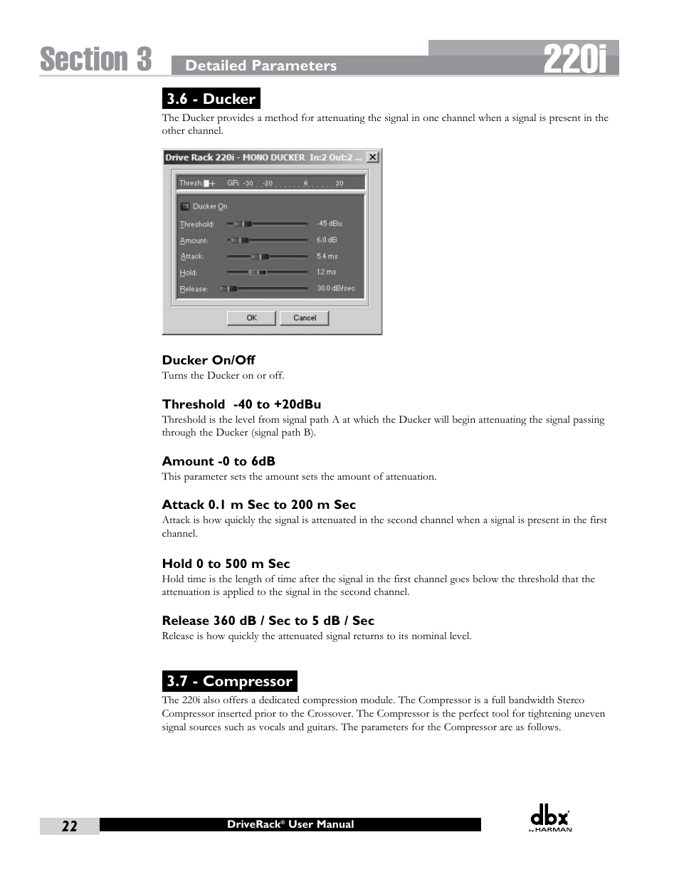 6 - ducker, 7 - compressor, 6 - ducker 3.7 - compressor | 220i | dbx DriveRack 220i User Manual | Page 26 / 57