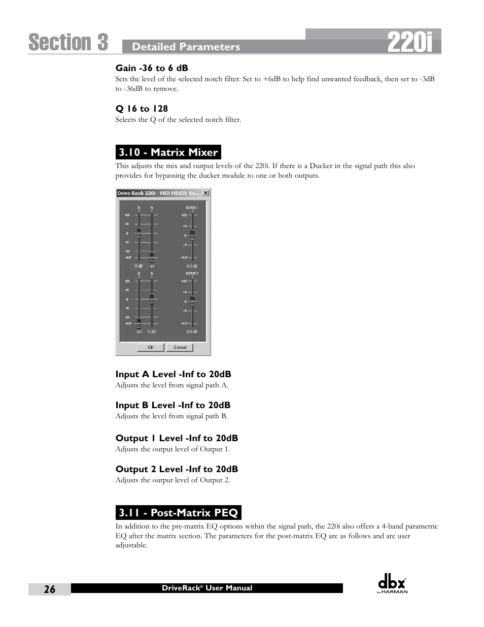 10 - matrix mixer, 11 - post-matrix peq, 10 - matrix mixer 3.11 - post-matrix peq | 220i | dbx DriveRack 220i User Manual | Page 30 / 57