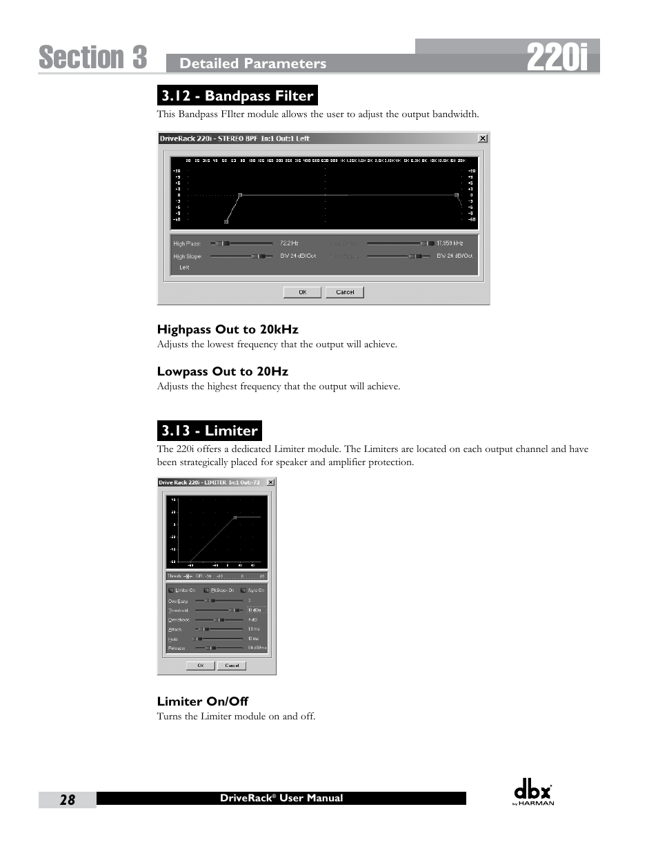 12 - bandpass filter, 13 - limiter, 12 - bandpass filter 3.13 - limiter | 220i | dbx DriveRack 220i User Manual | Page 32 / 57