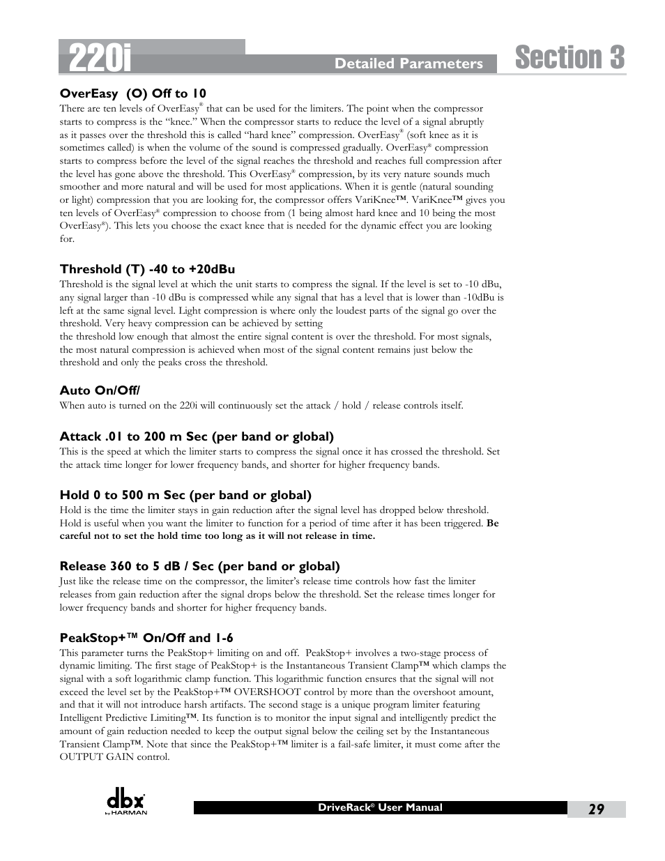 220i, Detailed parameters | dbx DriveRack 220i User Manual | Page 33 / 57