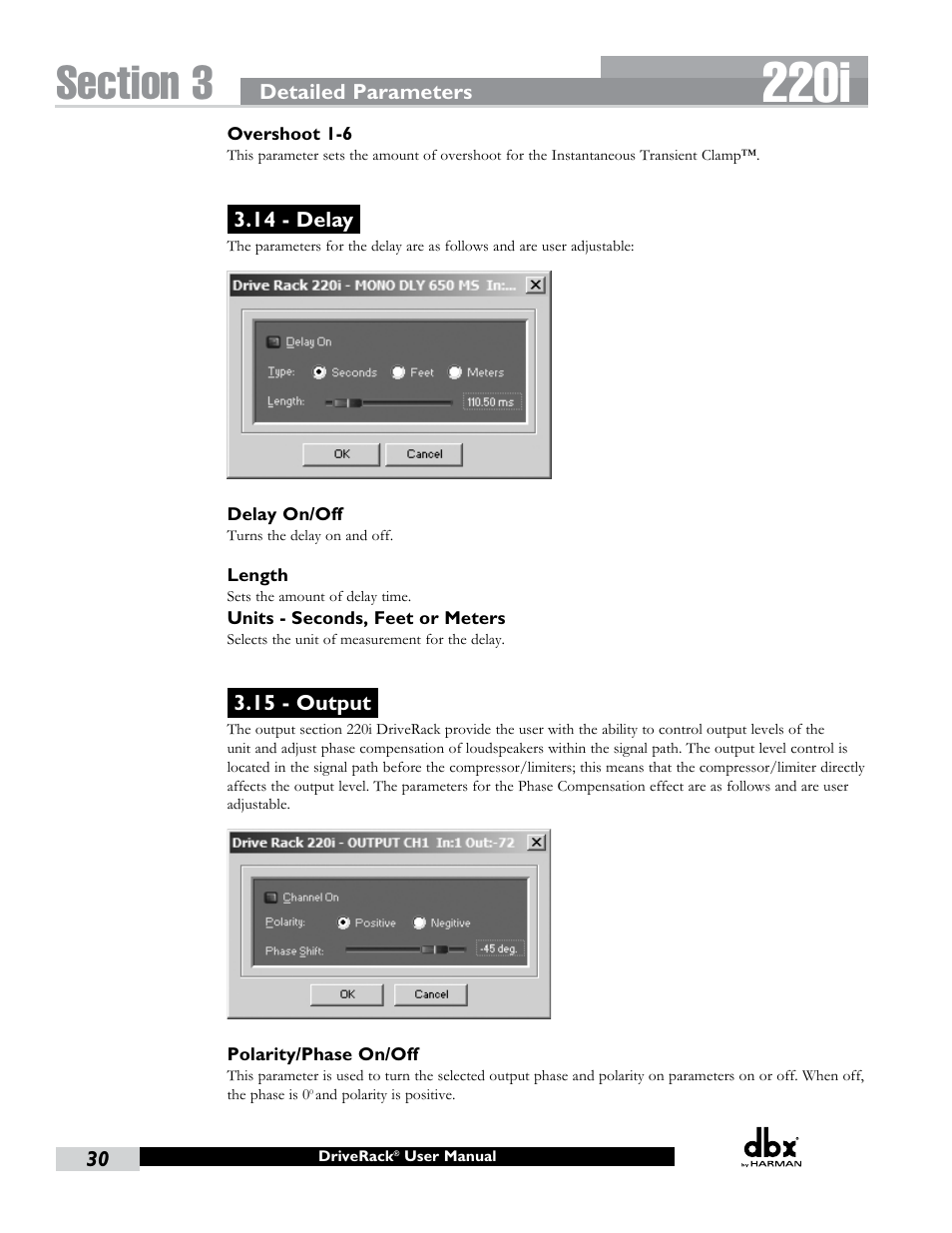 14 - delay, 15 - output, 14 - delay 3.15 - output | 220i | dbx DriveRack 220i User Manual | Page 34 / 57
