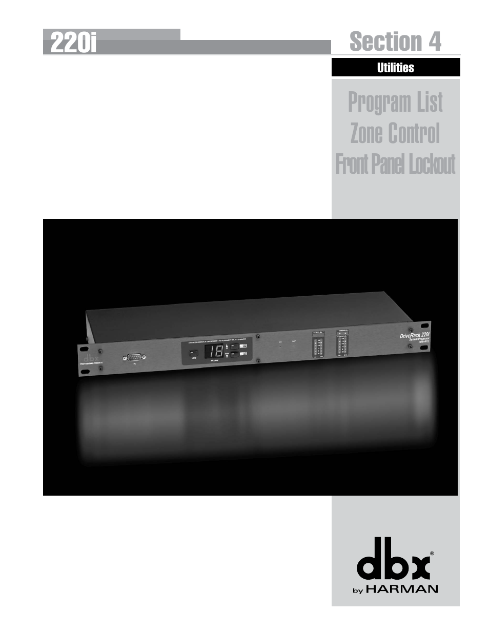Utilities, Program list zone control front panel lockout, 220i | dbx DriveRack 220i User Manual | Page 37 / 57
