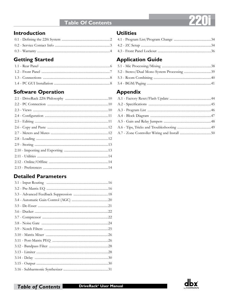 220i | dbx DriveRack 220i User Manual | Page 4 / 57