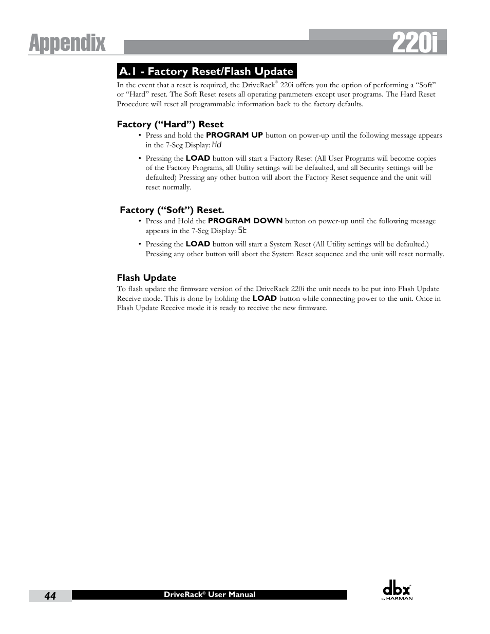 A.1 - factory reset/flash update, 220i, Appendix | dbx DriveRack 220i User Manual | Page 48 / 57