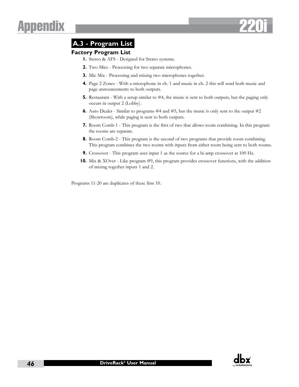 A.3 - program list, 220i, Appendix | dbx DriveRack 220i User Manual | Page 50 / 57