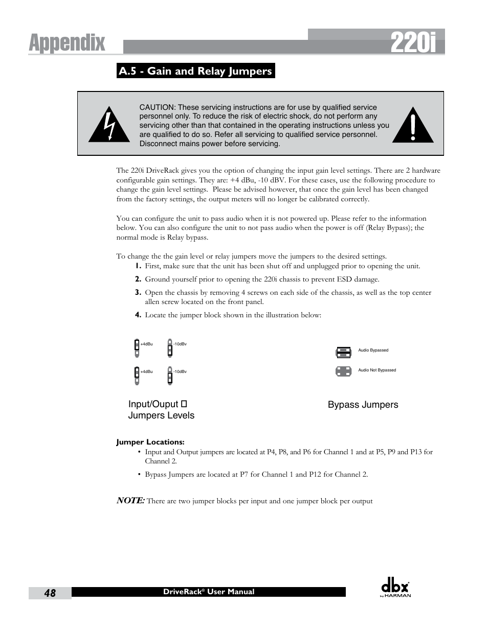 A.5 - gain and relay jumpers, 220i, Appendix | dbx DriveRack 220i User Manual | Page 52 / 57