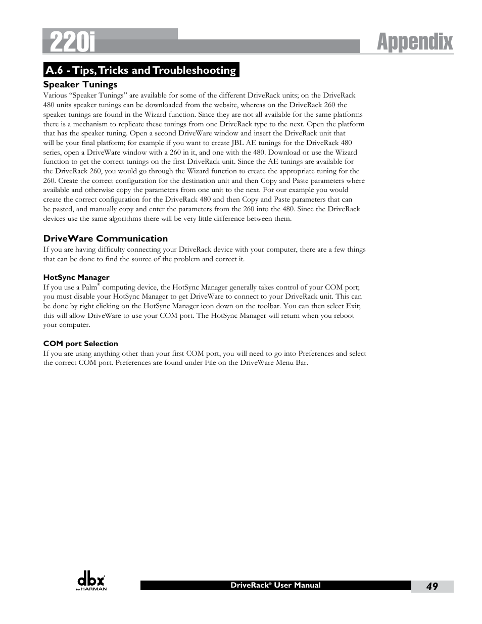 A.6 - tips, tricks and troubleshooting, 220i, Appendix | dbx DriveRack 220i User Manual | Page 53 / 57