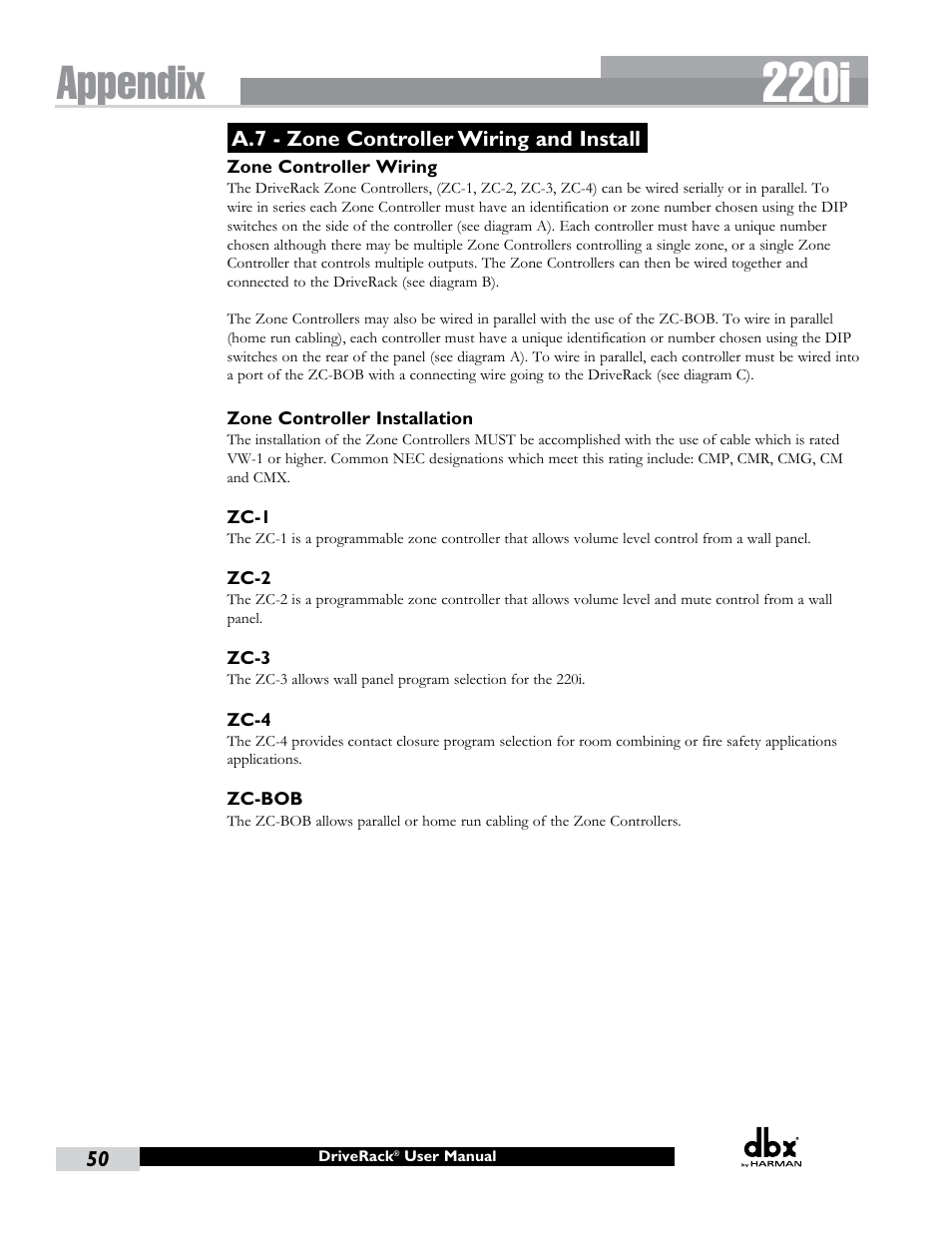 A.7 - zone controller wiring and install, 220i, Appendix | dbx DriveRack 220i User Manual | Page 54 / 57