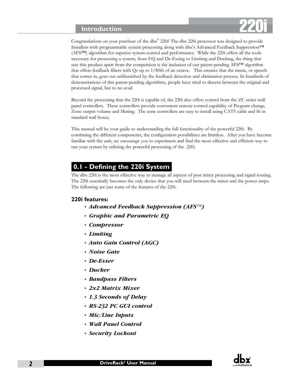1 - defining the 220i system, 220i, Introduction | dbx DriveRack 220i User Manual | Page 6 / 57