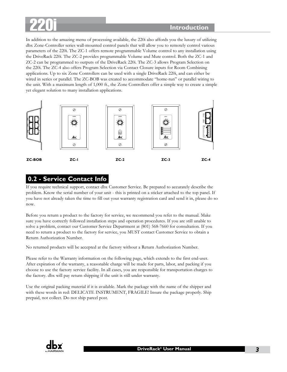 2 - service contact info, 220i, Introduction | Driverack, Zc-bob, Zc-1, Zc-2, Zc-3, Zc-4 | dbx DriveRack 220i User Manual | Page 7 / 57