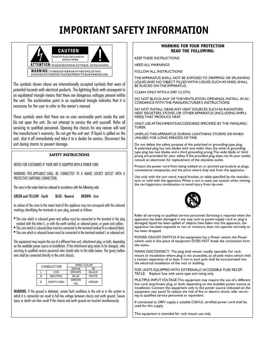 Important safety information | dbx DriveRack 260 User Manual | Page 2 / 84